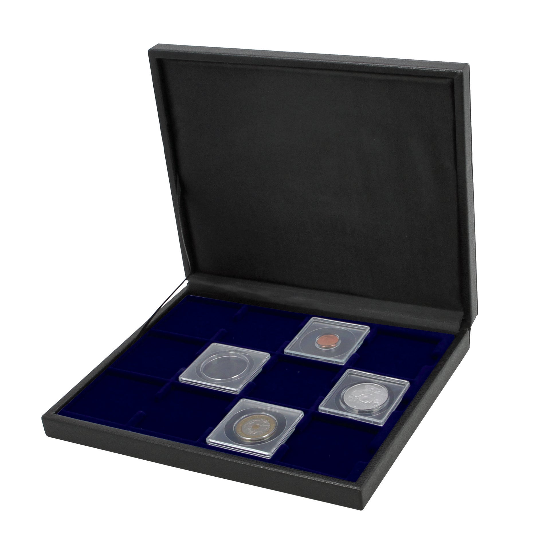 A 2x2 coin flip collection on a blue velvet tray in an open black leather coin presentation case, on a white background.