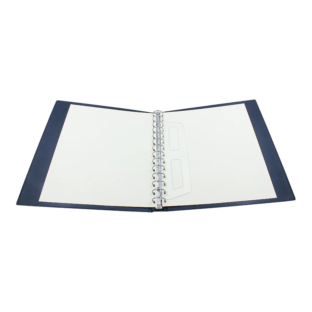 Open blue collector album showing a 14-ring mechanism on a white background