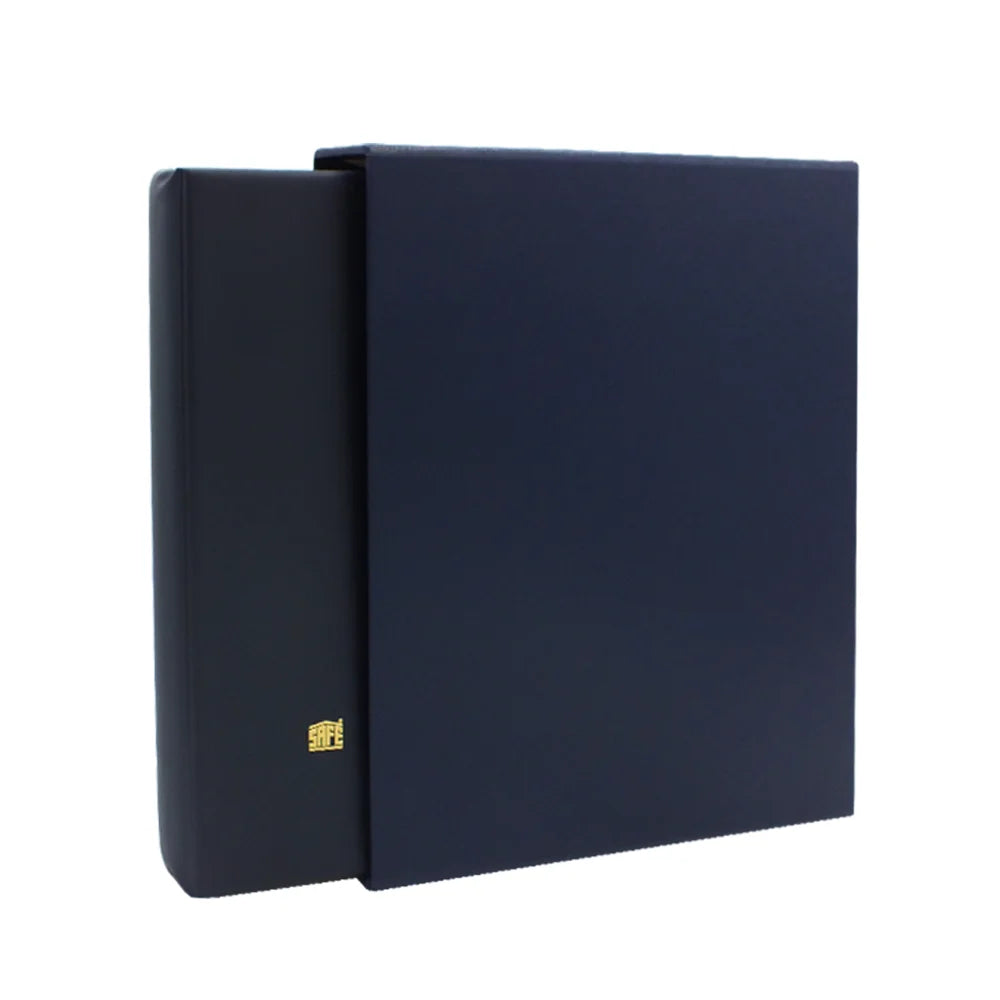 Blue collector album with a gold safe logo halfway inserted into the matching slipcase on a white background