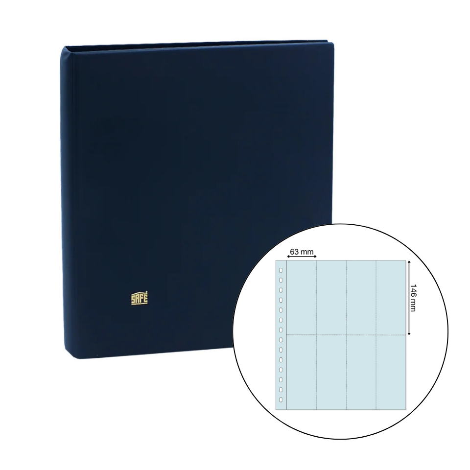Navy blue collector album with a close-up inset showing an illustration of a transparent page on a white background