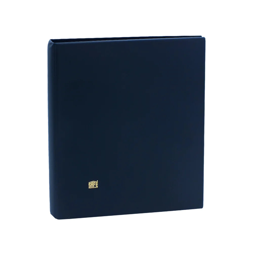 Closed blue collector album with a gold safe logo on a white background