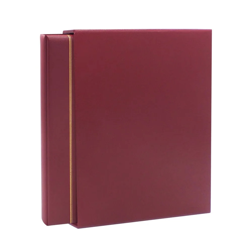 Wine red Morocco album with a gold embossed line, inserted into the wine red Morocco slipcase on a white background