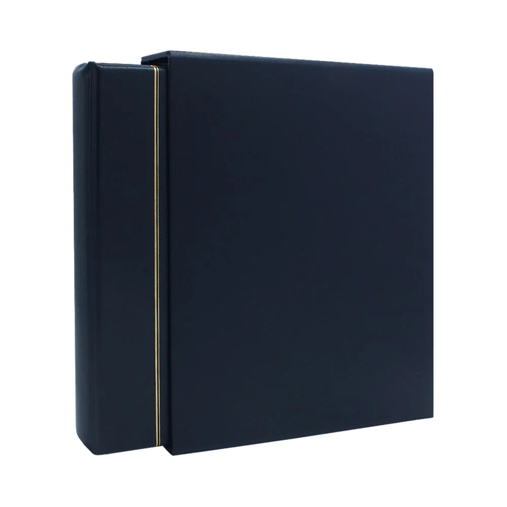Navy blue Morocco album with a gold embossed line, inserted into the navy blue Morocco slipcase on a white background