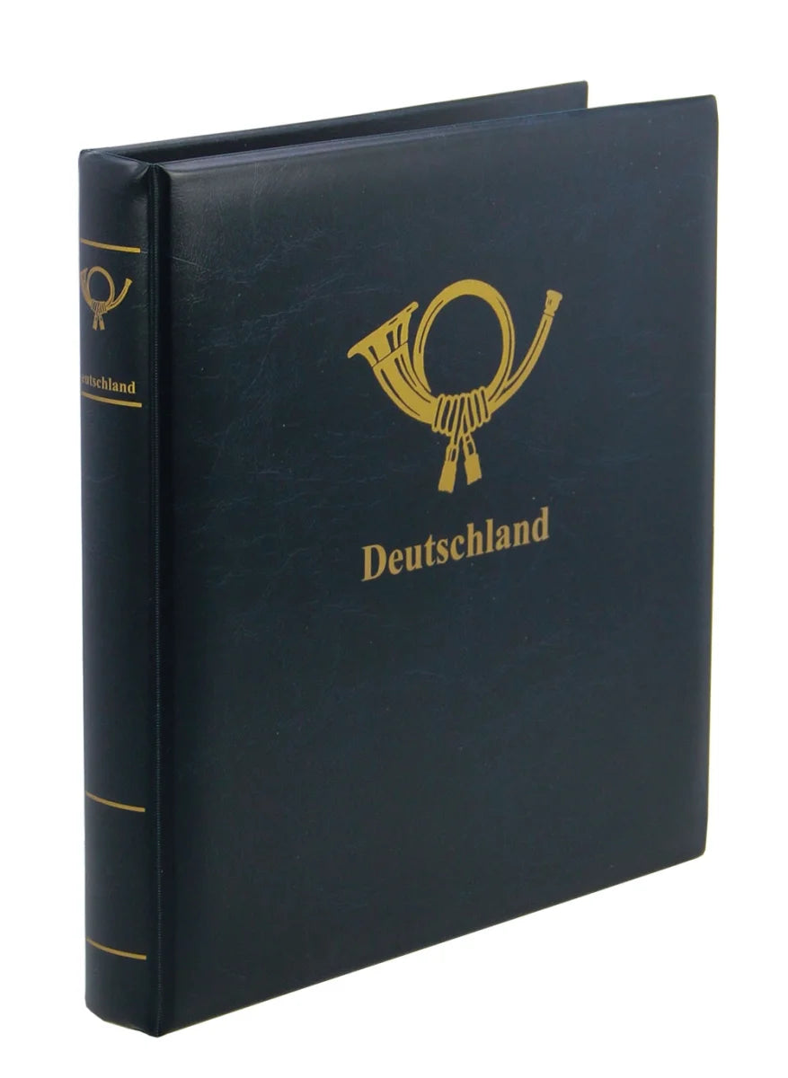 Blue collector album with gold emblem of a french horn and 'Deutschland' text on the cover & spine on a white background