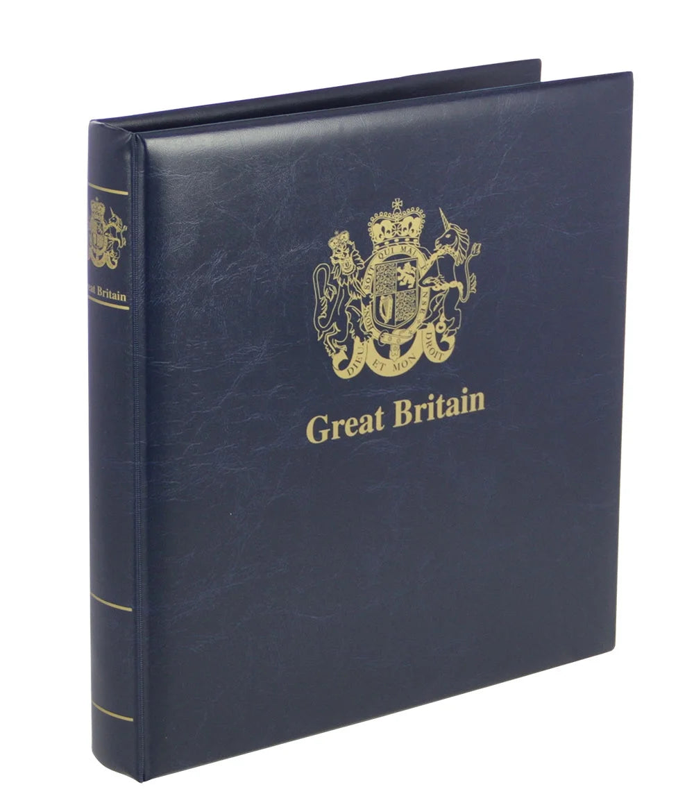 Blue collector album with gold embossed design and 'Great Britain' text on the cover & spine on a white background
