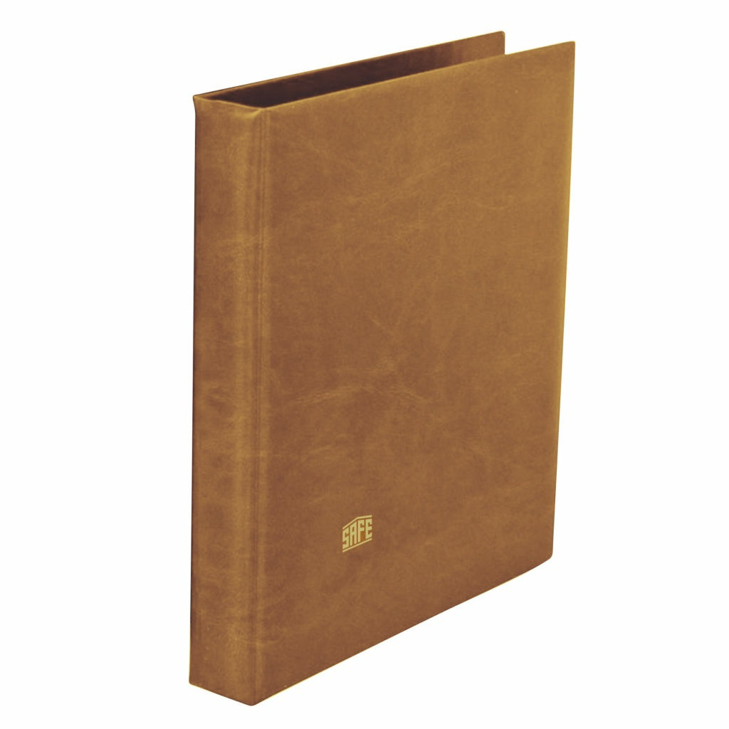 Tan collector album with a gold safe logo on a white background