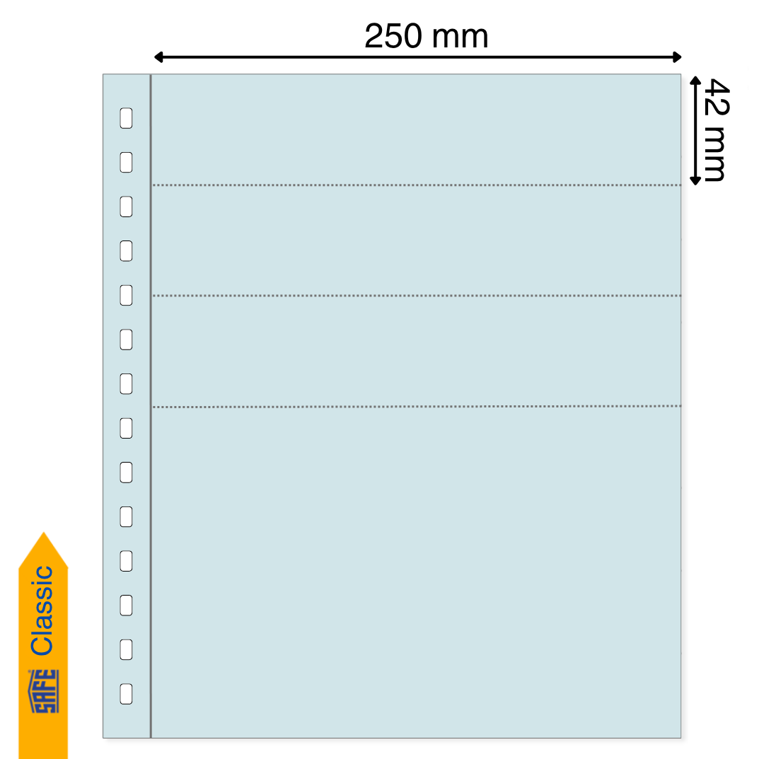 Light blue illustration representing a transparent album page with the pocket dimensions on a white background