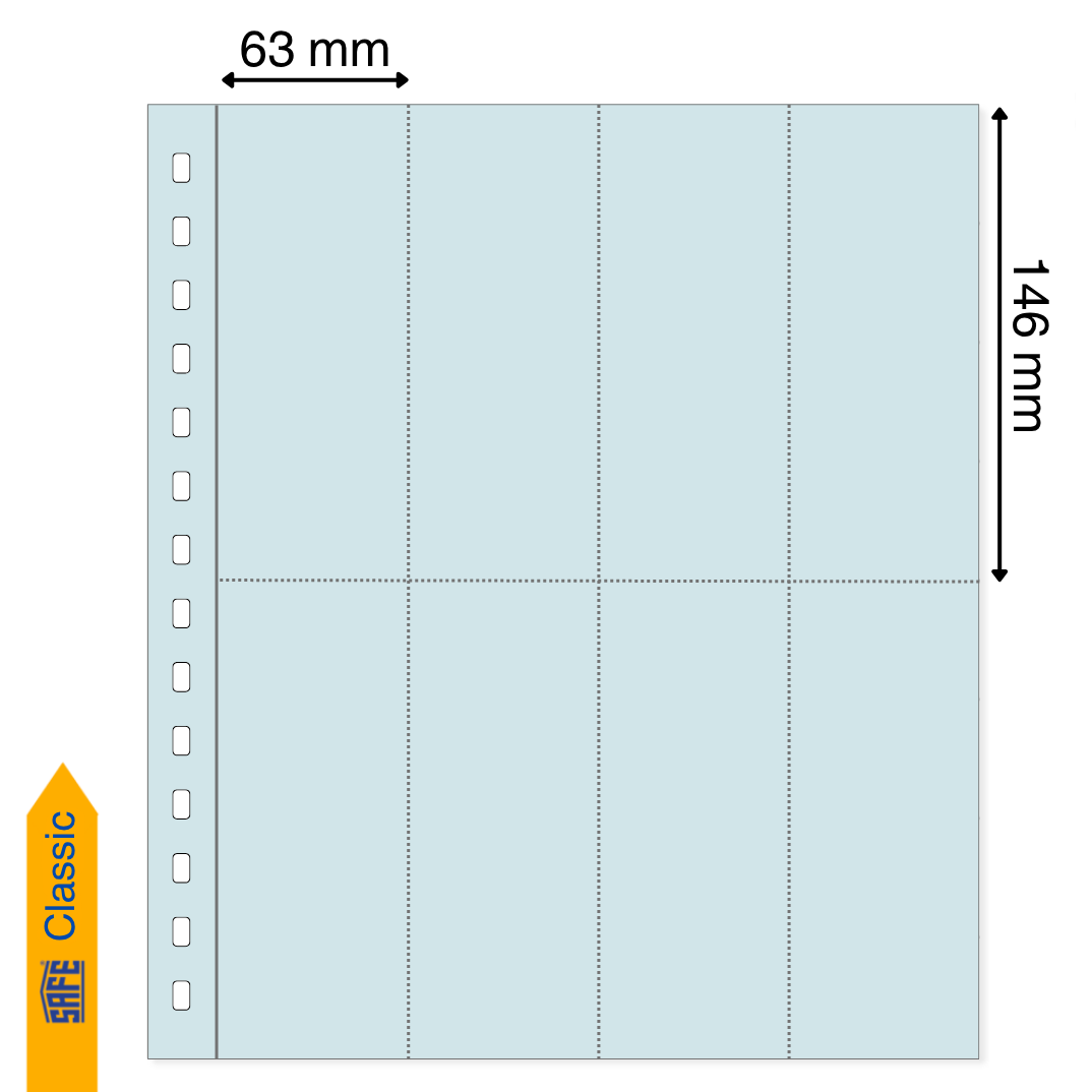 Light blue illustration representing a transparent album page with the pocket dimensions on a white background