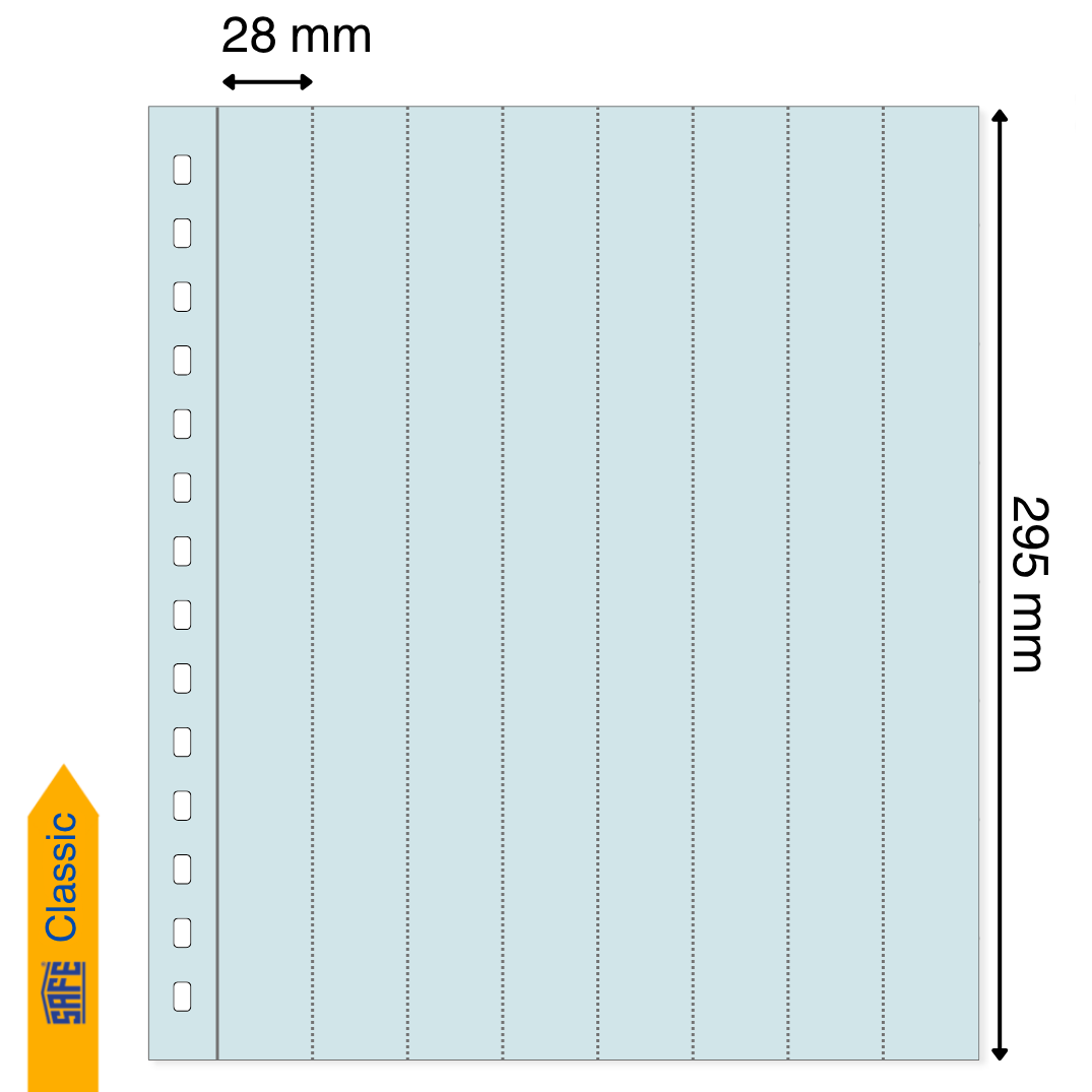 Light blue illustration representing a transparent album page with the pocket dimensions on a white background
