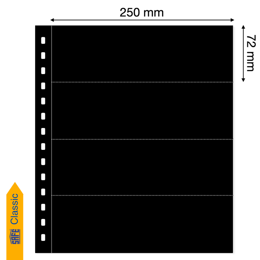 Illustration representing a black album page with the pocket dimensions on a white background