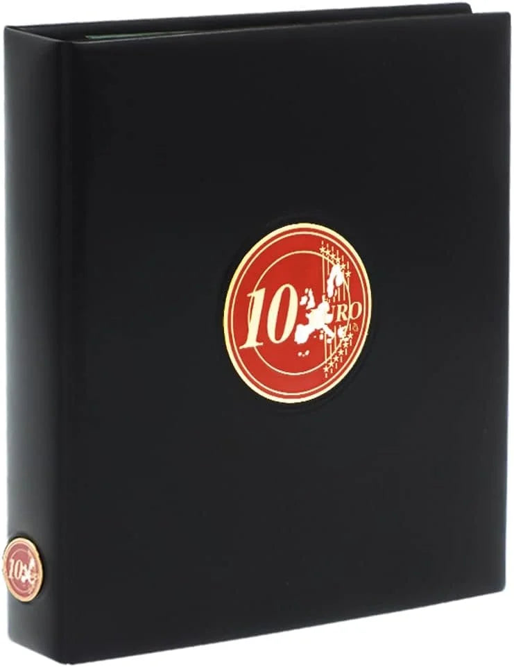 Black collector binders with a red and gold emblem of the 10 Euro on a white background