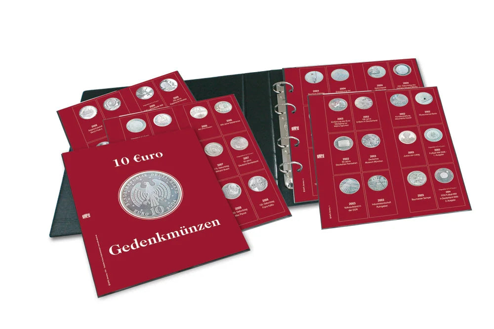 Open black coin album & red pages with 10 Euro illustrations on a white background