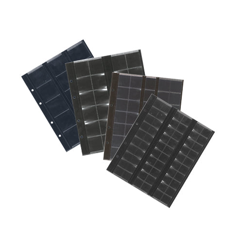 Transparent coin album pages with multiple clear pockets and black interleaves on a white background