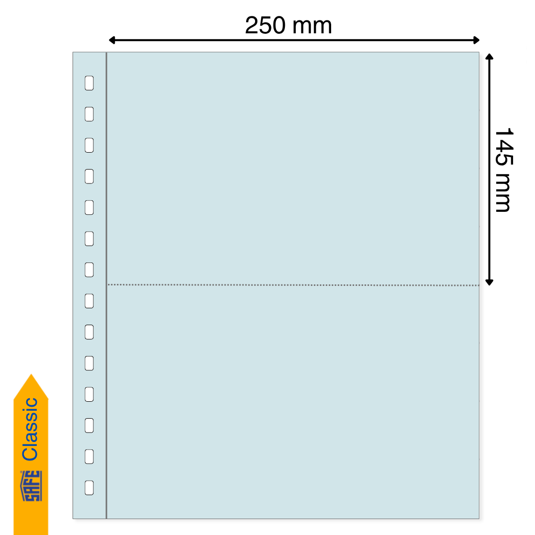 Light blue illustration representing a transparent album page with the pocket dimensions on a white background