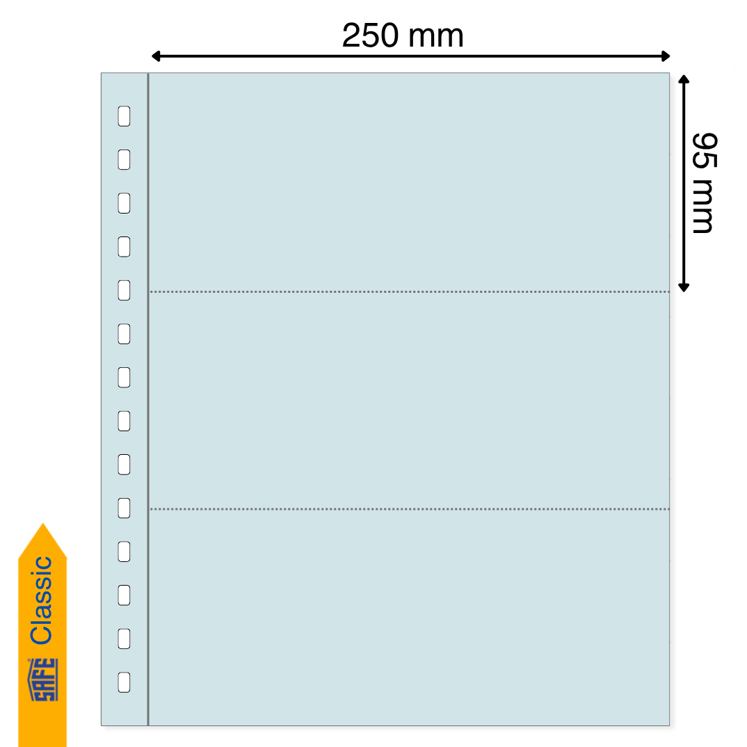 Light blue illustration representing a transparent album page with the pocket dimensions on a white background
