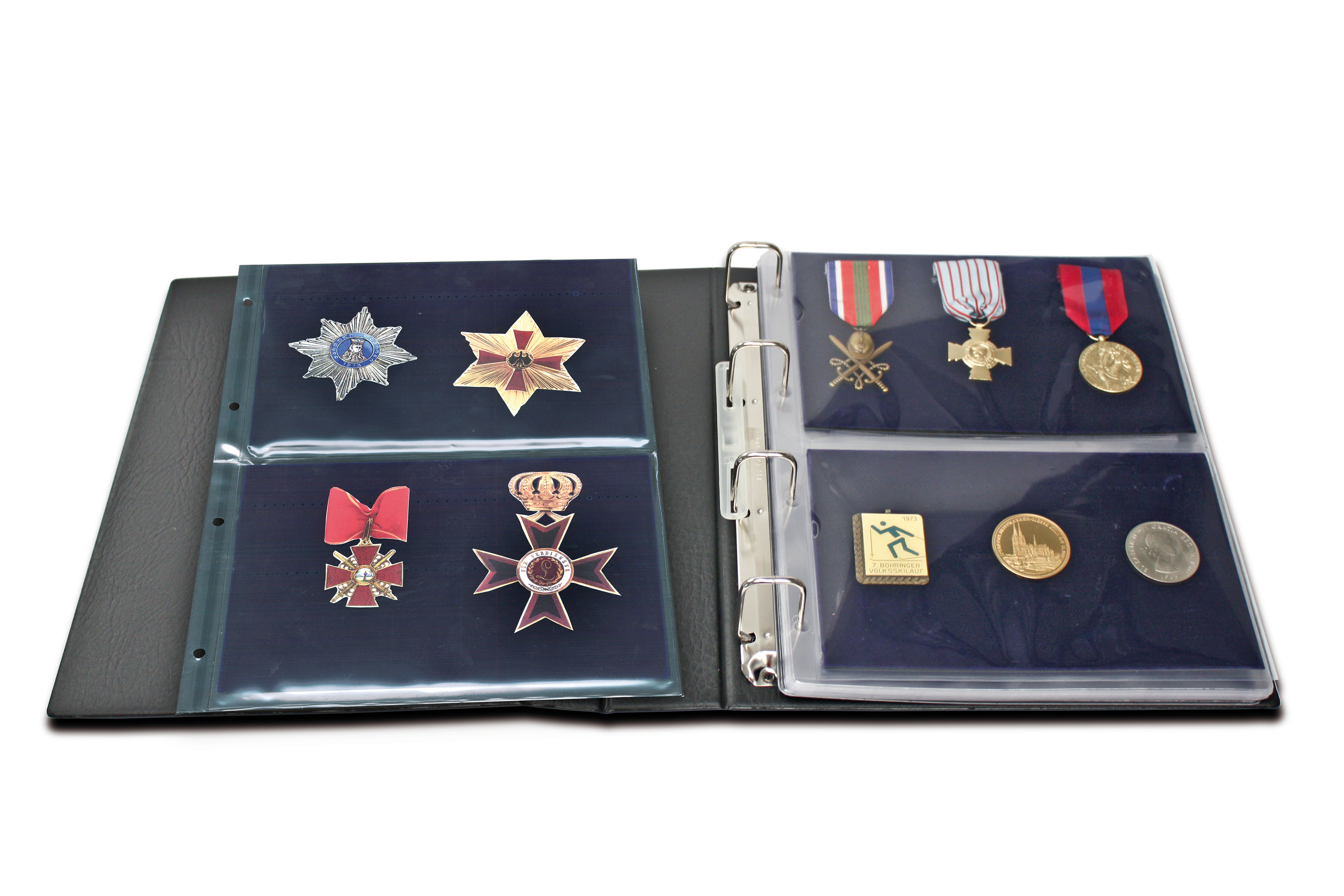 Collecto 4-Ring Album laid open with a focus on the Collecto 2-pocket pin pages filled with military medals