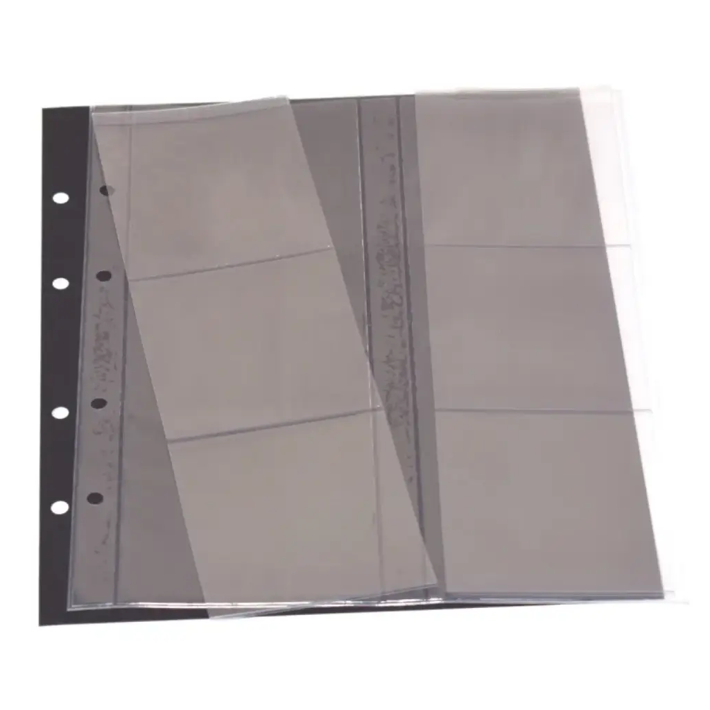 Clear polyester page with 2 clear slides (each slide has 3 individual pockets) with a black interleaf on a white background