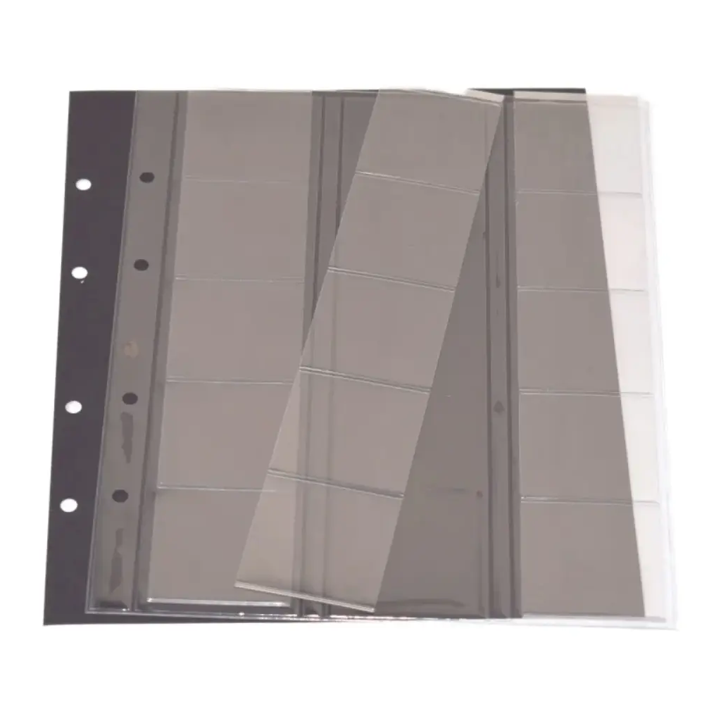 Clear polyester page with 3 clear slides (each slide has 5 individual pockets) with a black interleaf on a white background