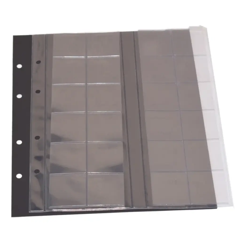 Clear polyester page with 2 clear slides (each slide has 12 individual pockets) with a black interleaf on a white background