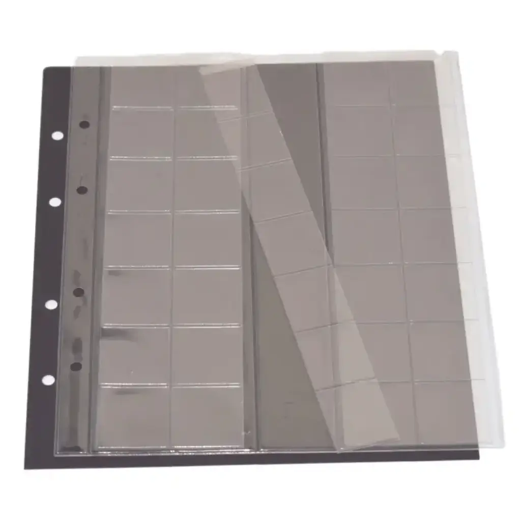 Clear polyester page with 3 clear slides (the slides have 35 individual pockets total) with a black interleaf on a white background