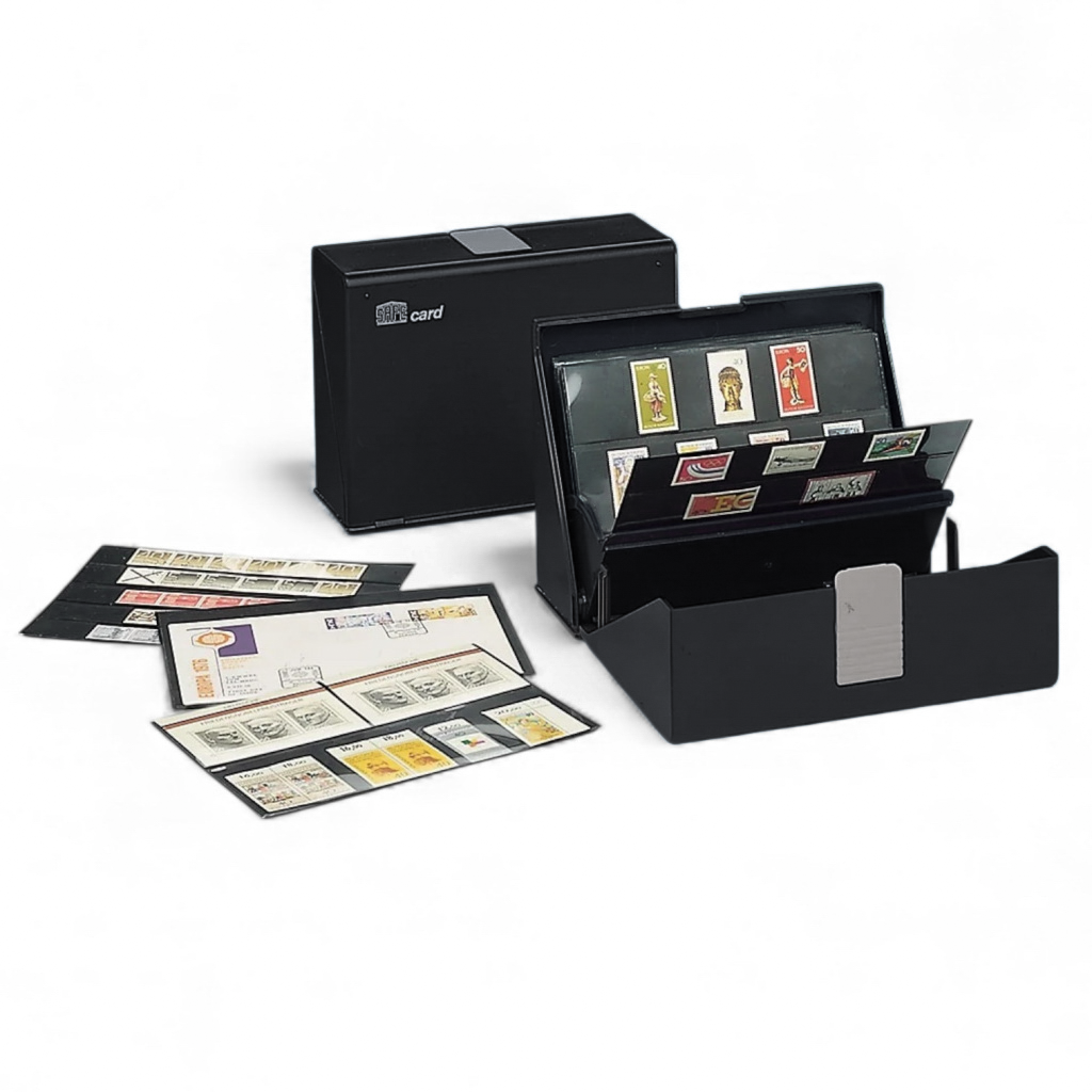 Collection of stamps in SAFE approval cards in an open black SAFE display case (accordion style) with a closed SAFE black display case behind it on a white background