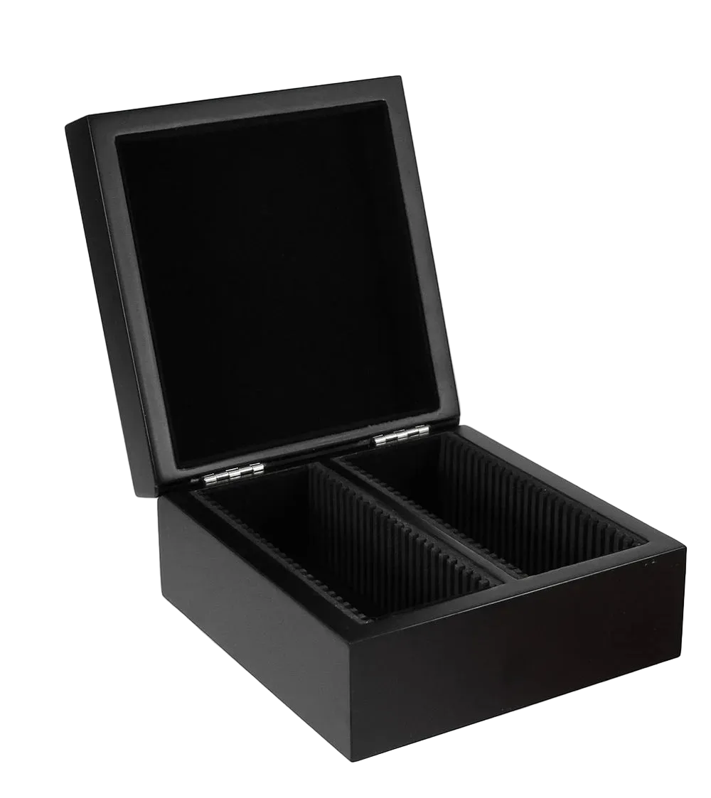 Black coin collection case with the lid open showing black rows on a white background