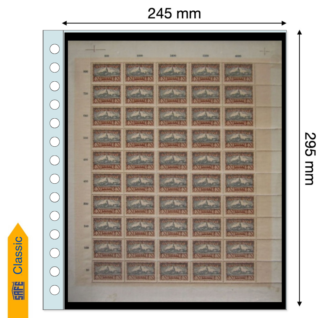 Illustration of a sheet of postage stamps inside a transparent album page with a black insert & pocket dimensions on a white background