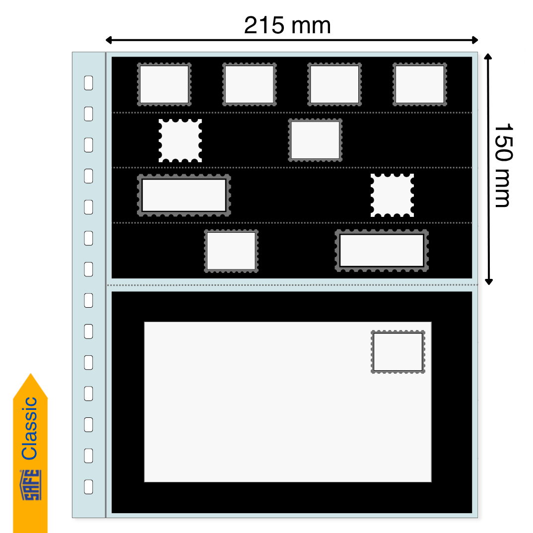 Illustration of a transparent album page with an stamp approval cards & pocket dimensions on a white background