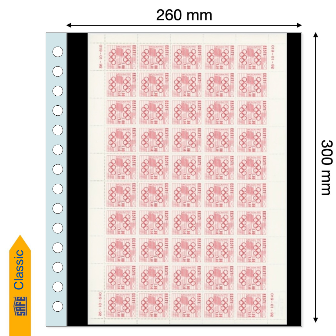 Illustration of a sheet of postage stamps inside a transparent album page with a black insert & pocket dimensions on a white background