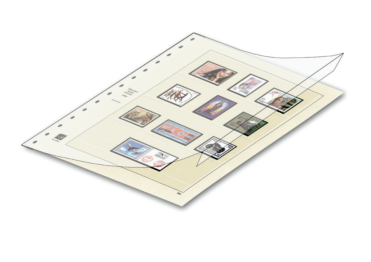 Collection of stamps on a stamp album page with a wraparound protective cover on a white background