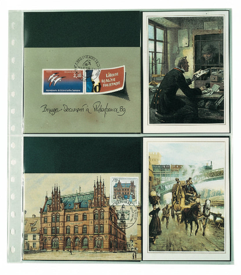 Two covers / envelopes and corresponding postcards inside a transparent album page with black inserts on a white background