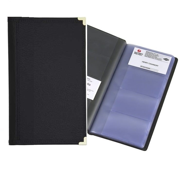 Open black business card holder showing pages & card slots on a white background