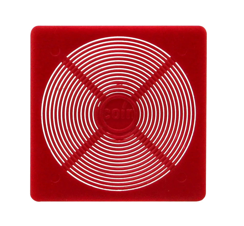 Red square fit-to-size coin holder with circular cut-out pattern on a white background