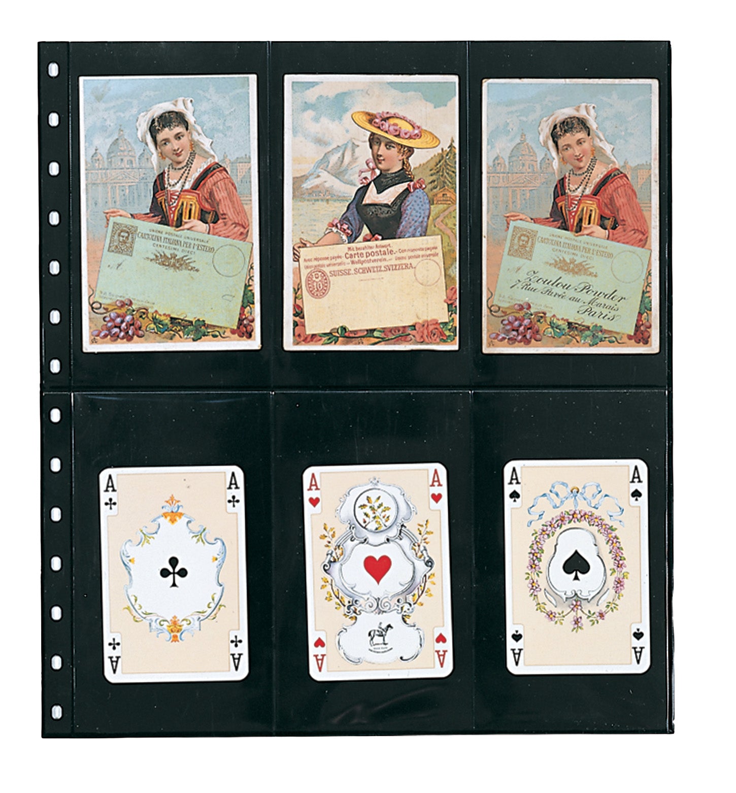 Collection of vintage-style cards with portraits and playing card designs inside a black album page on a white background