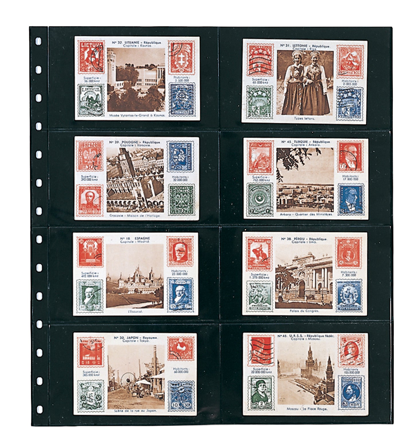 Collection of vintage stamp blocks inside a black album page on a white background