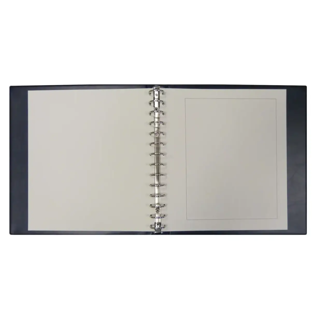 Blue collector album with a 14-ring mechanism laid open on a white background
