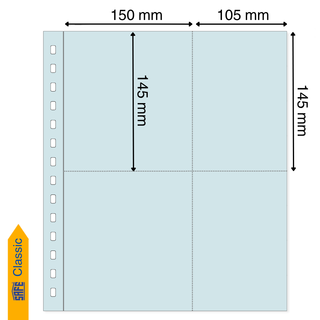 Light blue illustration representing a transparent album page with pocket dimensions on a white background