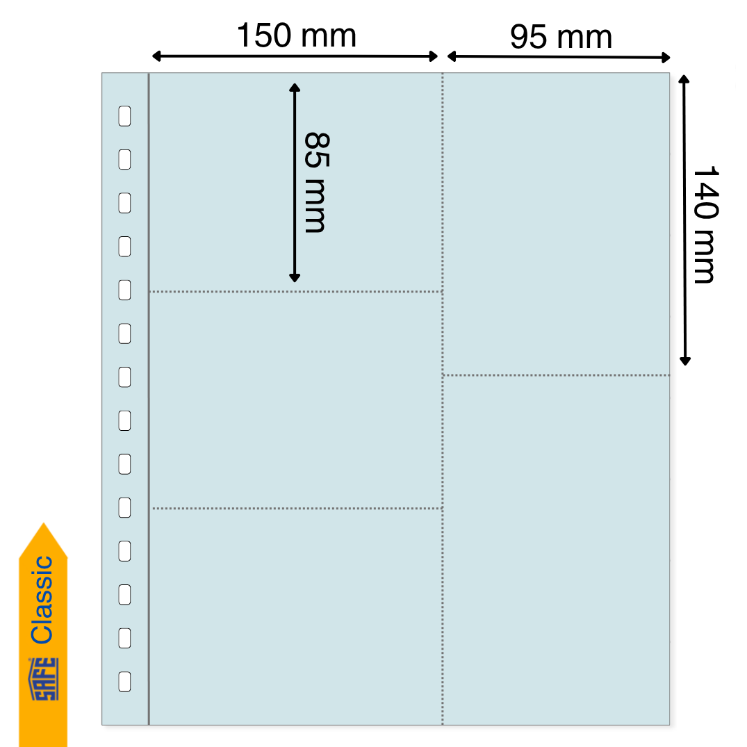 Light blue illustration representing a transparent album page with pocket dimensions on a white background