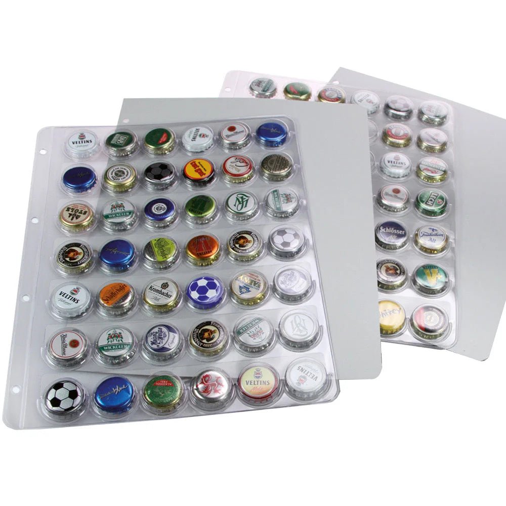 Collection of various bottle caps inside plastic album pages on a white background