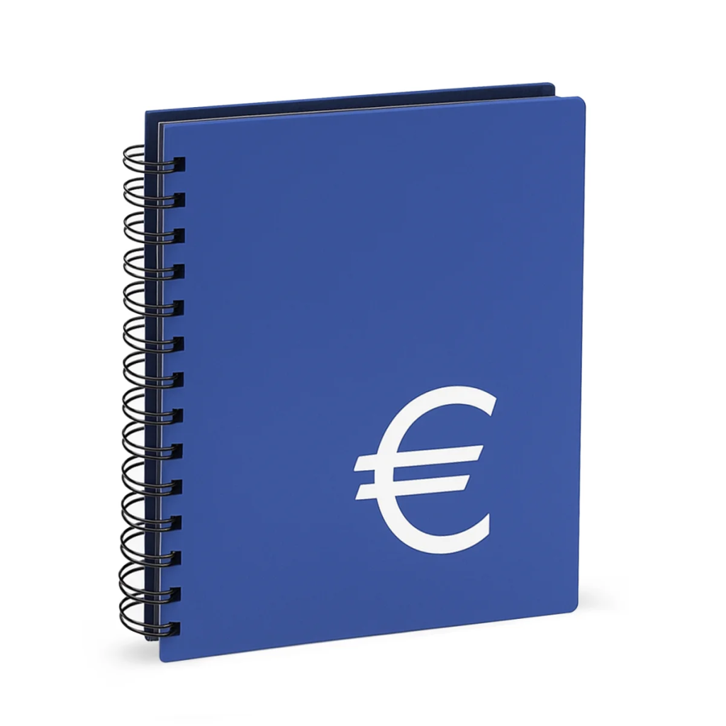 Blue euro coin sprial-bound album with a white euro symbol on a white background