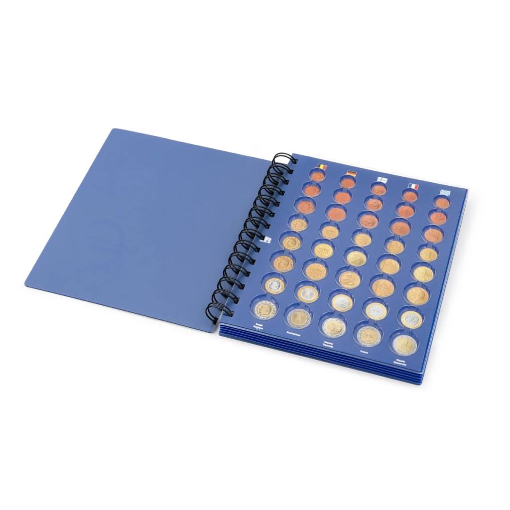 Blue spiral-bound album designed for euro coin sets on a white background