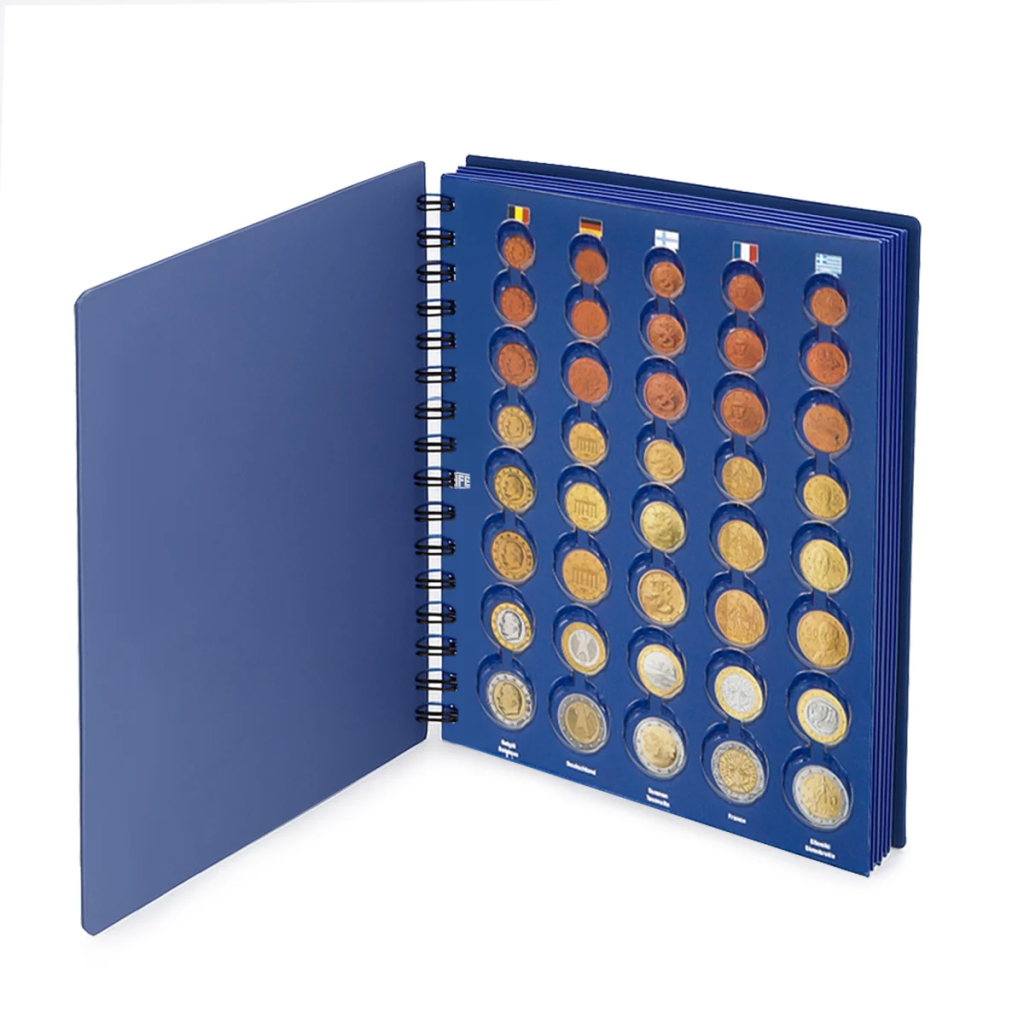 Blue spiral-bound album designed for euro coin sets on a white background