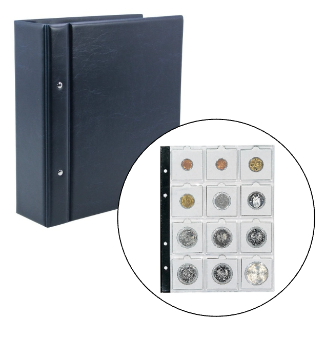 Closed blue collectible album with an inset image of a transparent page holding 2x2 coin flips on a white background.