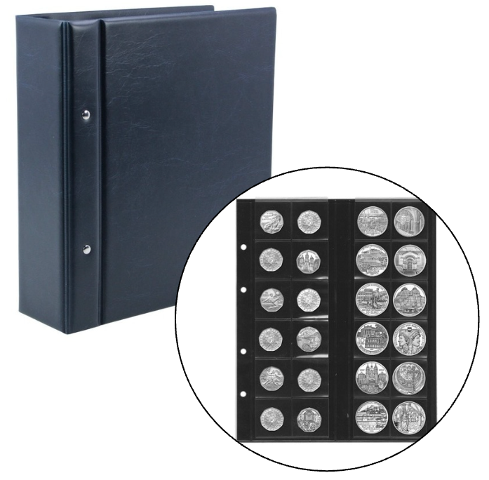 Closed blue collectible album with an inset image of a transparent page holding a coin collection and a black interleave on a white background.