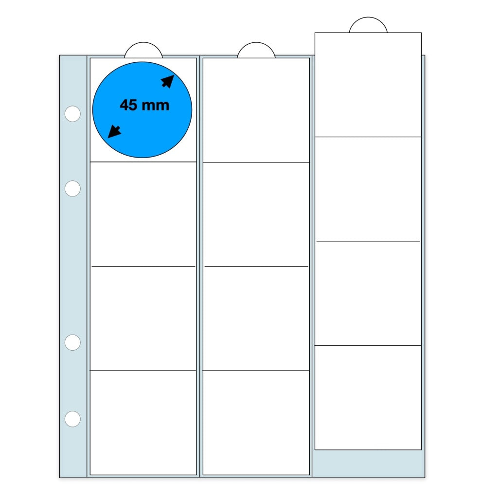 Illustration representing a clear polyester page with clear slides (each slide has individual pockets with the max coin diameter listed) on a white background