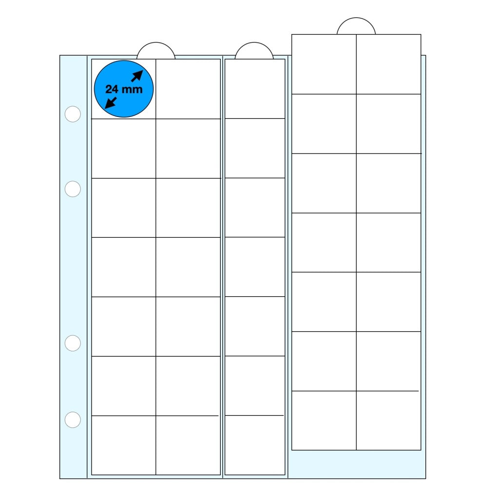Illustration representing a clear polyester page with clear slides (each slide has individual pockets with the max coin diameter listed) on a white background