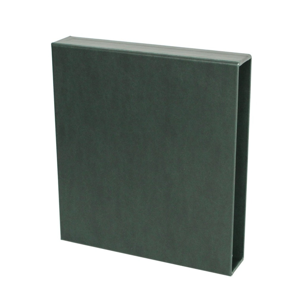 Empty green album slipcase on a white background