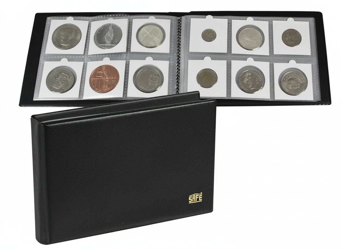 Black album for 2x2 coin flips laid open filled with coin flips alongside the cover of the closed black leather-grained album on a white background