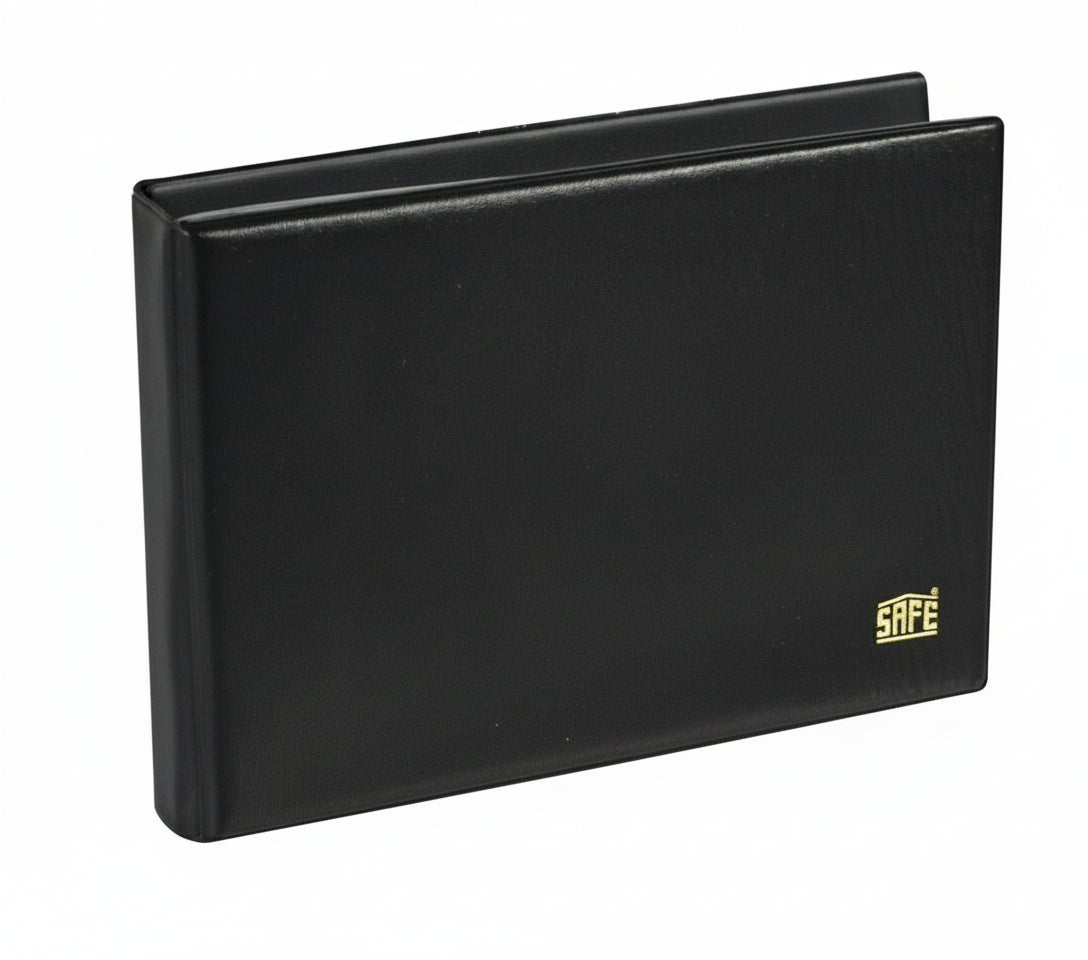 Closed black leather-grained album for 2x2 coin flips with gold SAFE logo in the bottom right corner on a white background
