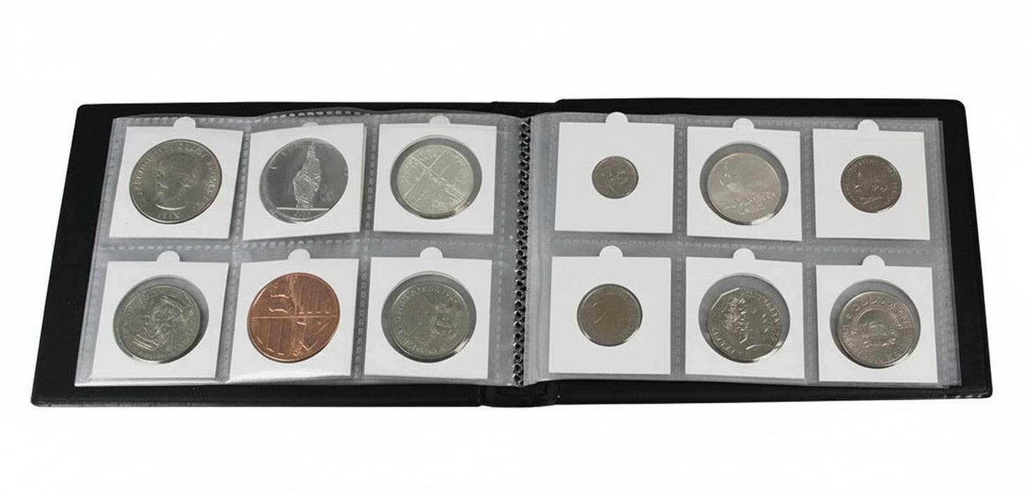 Black album for 2x2 coin flips laid open filled with 6 coin flips on each page on a white background